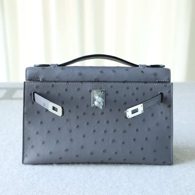 82 Agate Gris ostrich kelly pochette with phw