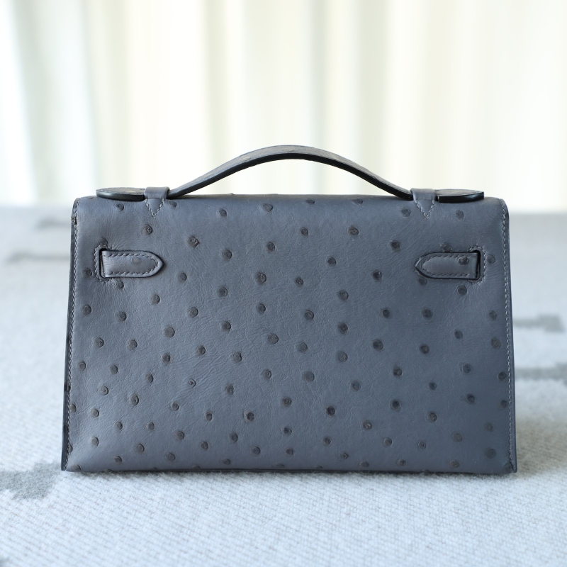 82 Agate Gris ostrich kelly pochette with phw