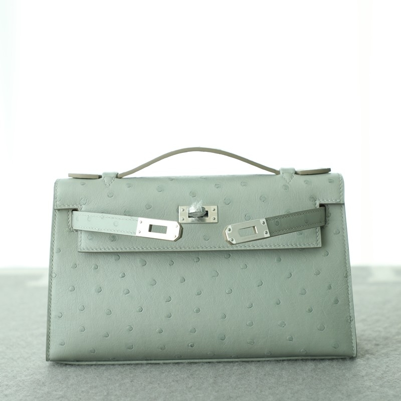 c80 gris pearl Ostrich Kelly Pochette With Phw