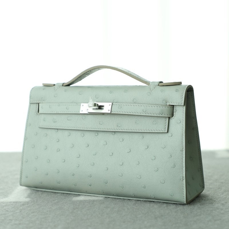 c80 gris pearl Ostrich Kelly Pochette With Phw
