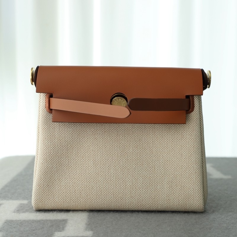 HERMÈS Herbag Zip Mini 20 Fauve (34) Beige Leather Canvas Gold hardware