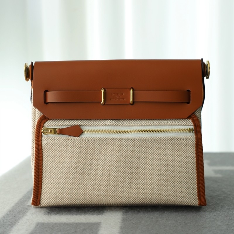 HERMÈS Herbag Zip Mini 20 Fauve (34) Beige Leather Canvas Gold hardware