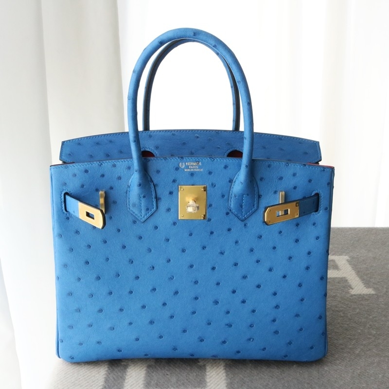 7Q Mykonos ostrich & 0D Rose Mexico interior birkin 30 with ghw