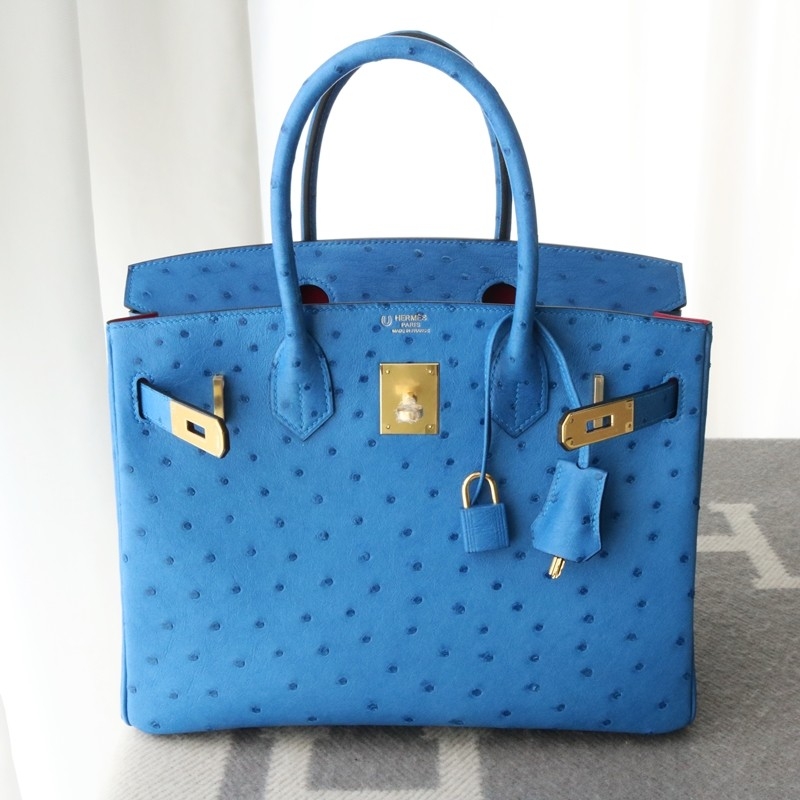7Q Mykonos ostrich & 0D Rose Mexico interior birkin 30 with ghw