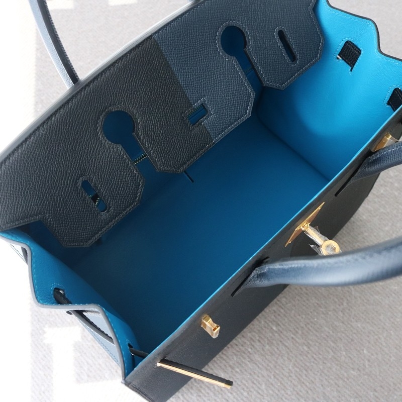 Birkin Sellier 30 Casaque Noir / Blue Indigo and Blue Frida interior Bag GHW