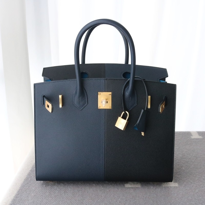 Birkin Sellier 30 Casaque Noir / Blue Indigo and Blue Frida interior Bag GHW