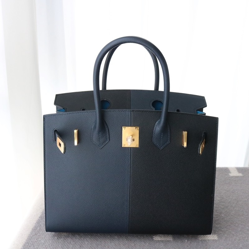 Birkin Sellier 30 Casaque Noir / Blue Indigo and Blue Frida interior Bag GHW