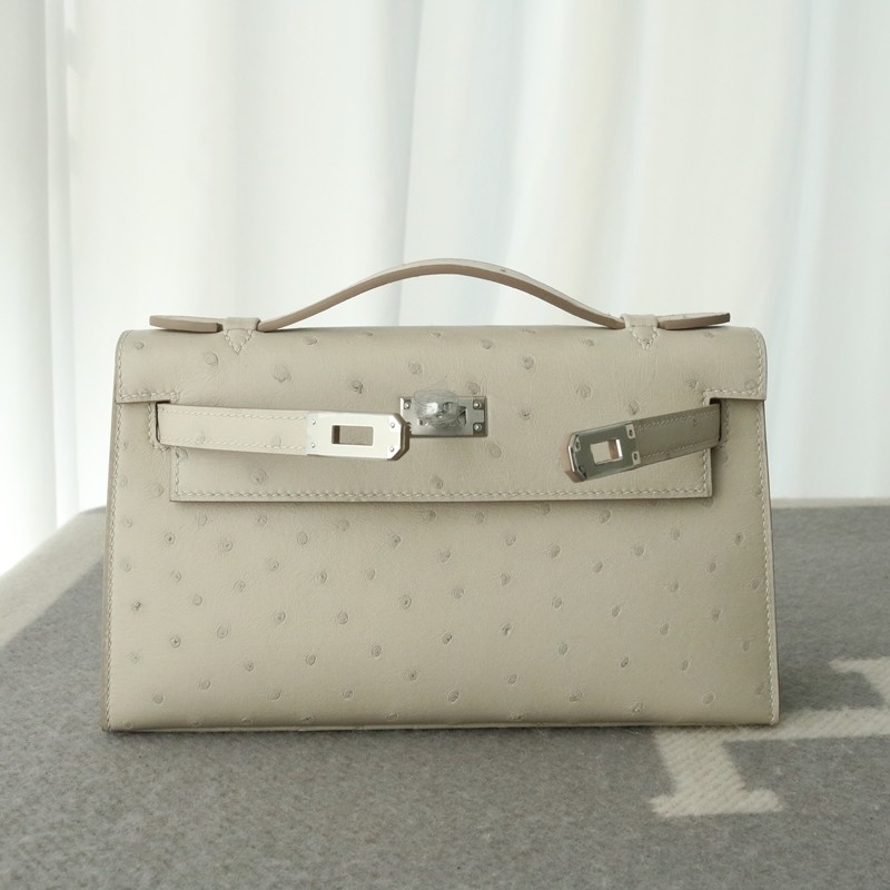 8L beton Ostrich kelly Pochette with PHW