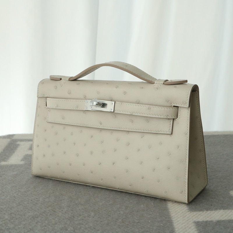 8L beton Ostrich kelly Pochette with PHW