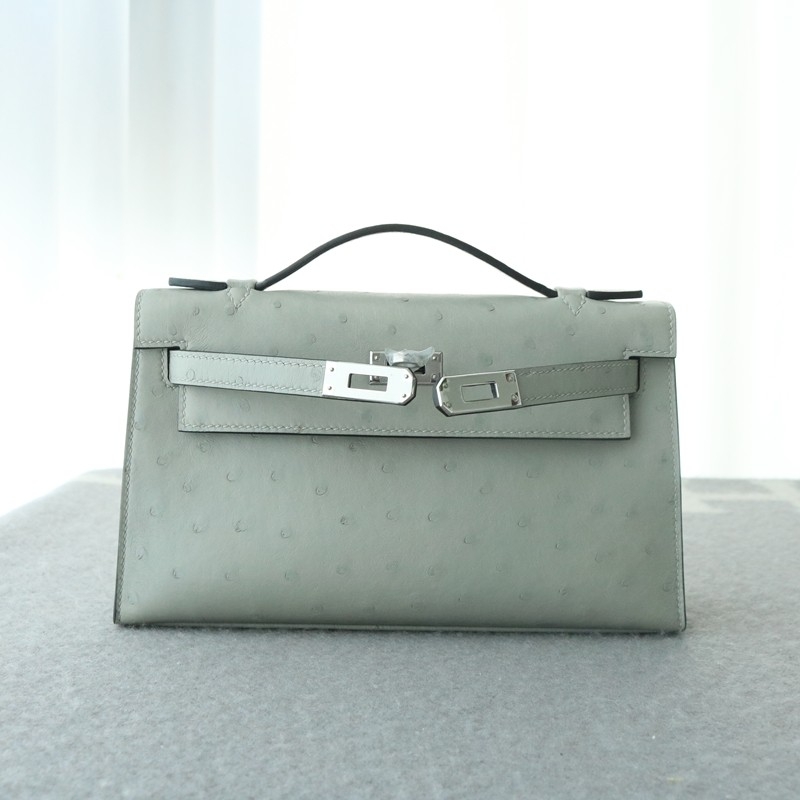 8U BIue GIacier Ostrich Kelly Pochette With Phw