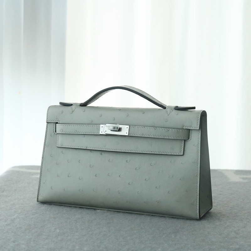 8U BIue GIacier Ostrich Kelly Pochette With Phw