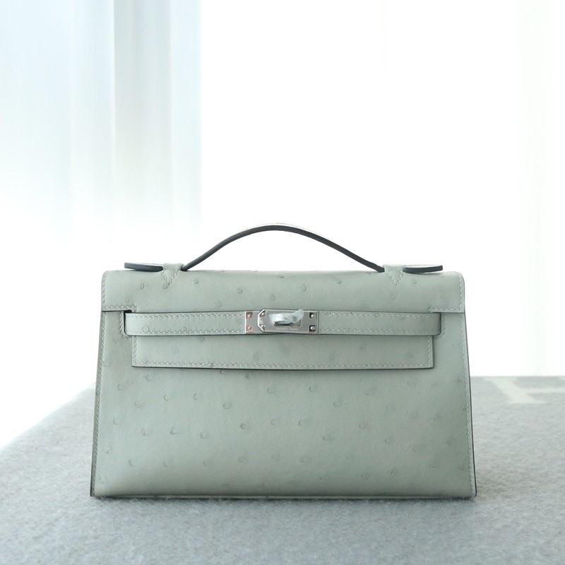 8U BIue GIacier Ostrich Kelly Pochette With Phw
