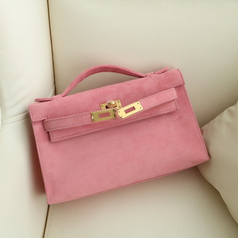 G5 Bois Rose suede kelly Pochette with ghw