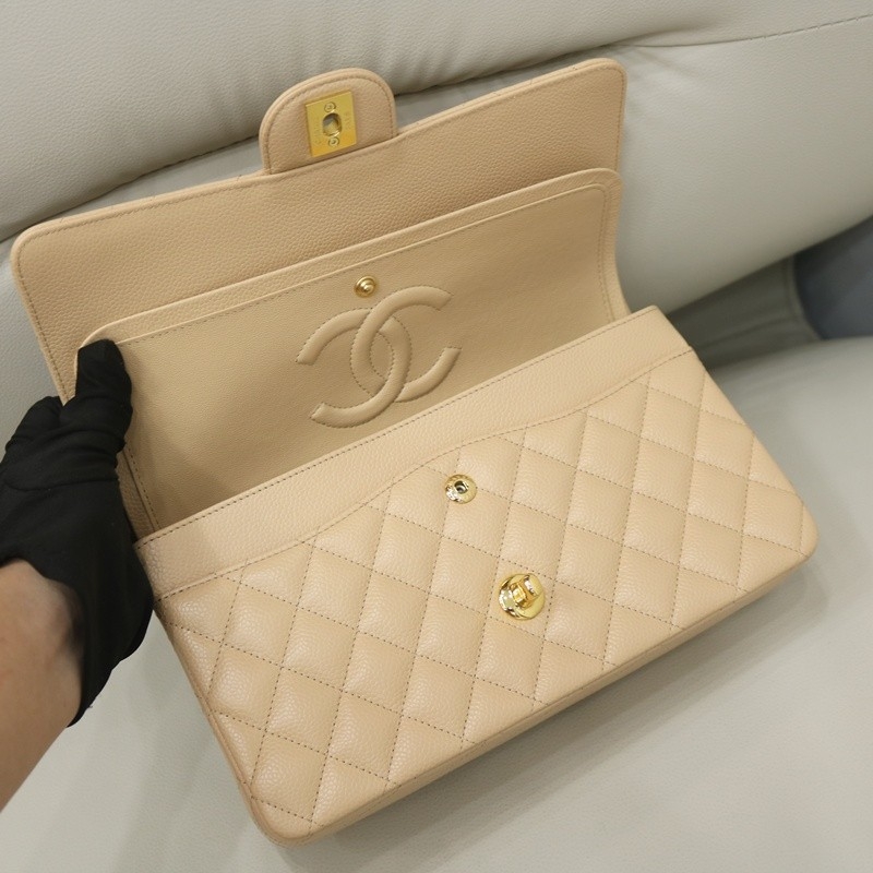 Chanel Medium Classic Double Flap Bag Apricot Quilted Caviar gold Hardware