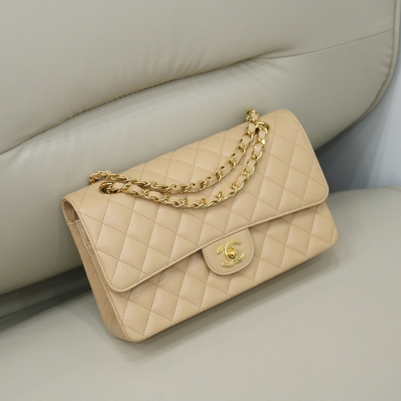 Chanel Medium Classic Double Flap Bag Apricot Quilted Caviar gold Hardware