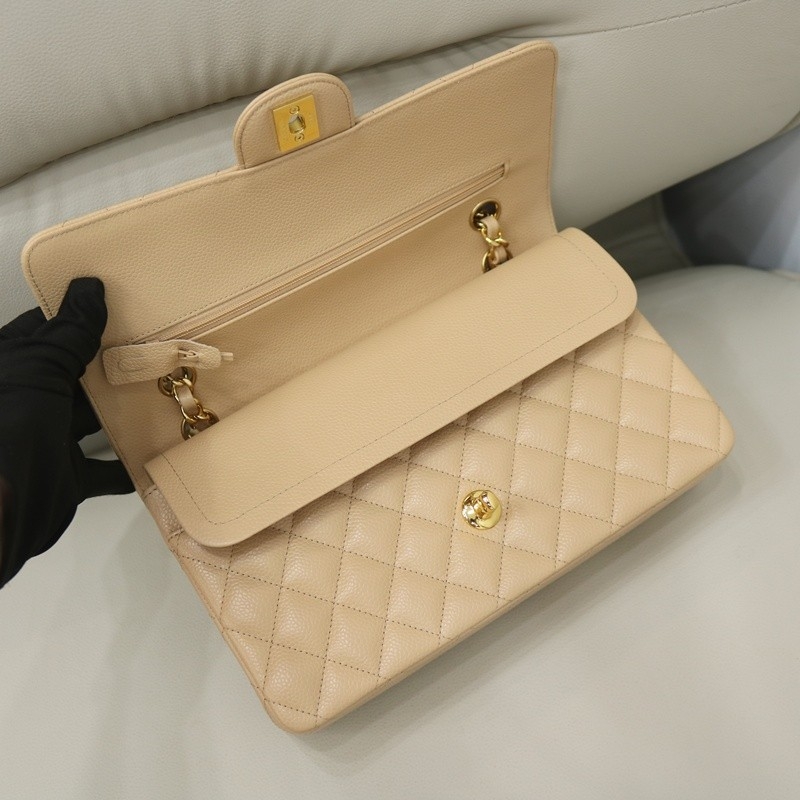 Chanel Medium Classic Double Flap Bag Apricot Quilted Caviar gold Hardware
