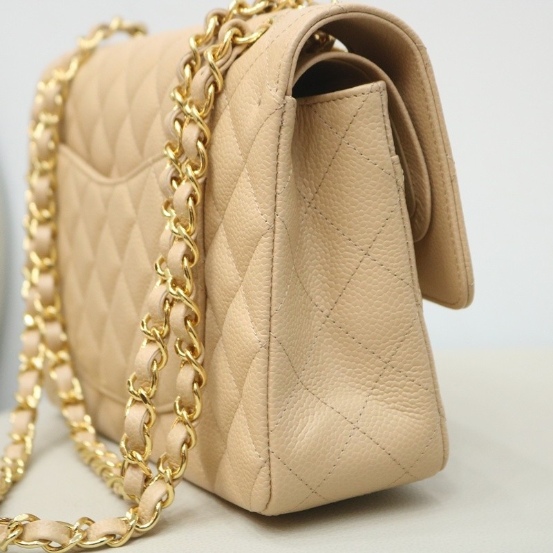 Chanel Medium Classic Double Flap Bag Apricot Quilted Caviar gold Hardware