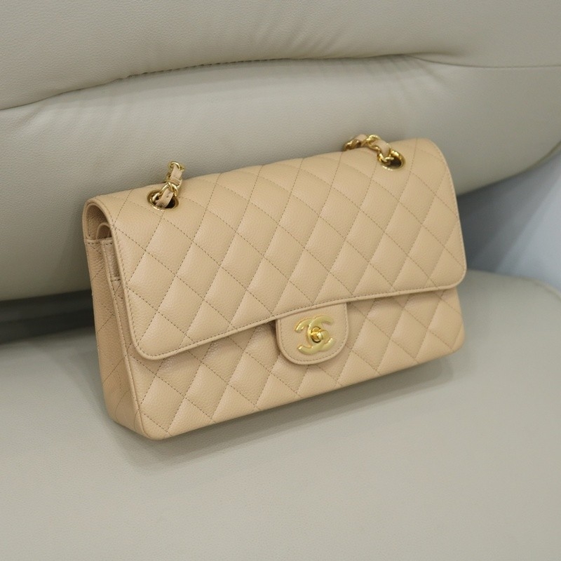 Chanel Medium Classic Double Flap Bag Apricot Quilted Caviar gold Hardware
