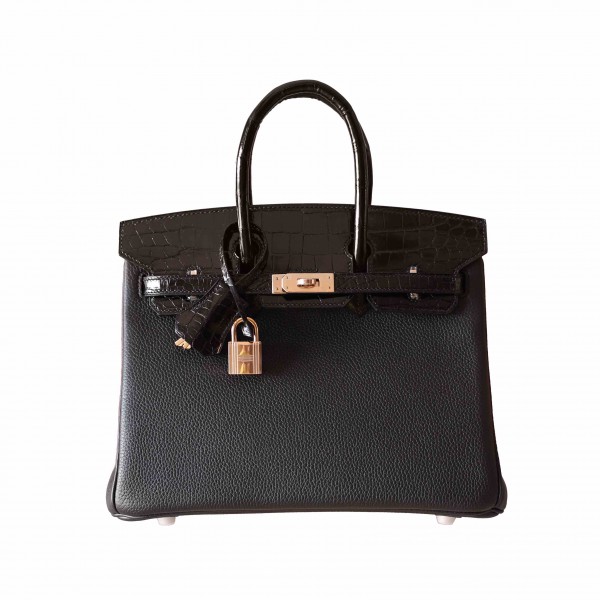 BIRKIN TOUCH 25 NOIR SHINY NILOTICUS AND TOGO LEATHER ROSE GOLD HARDWARE