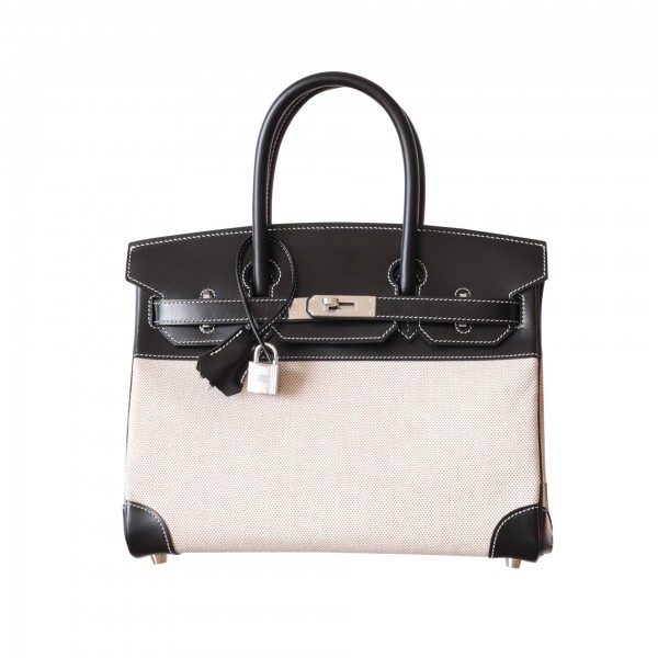 BIRKIN 30 BLACK BOX LEATHER AND TOILE CANVAS PHW
