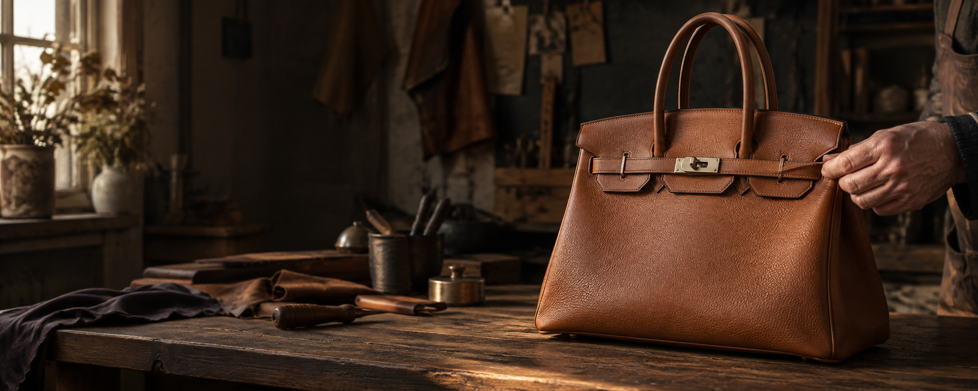 Unbranded cognac leather two-handle bag in an artisan workshop